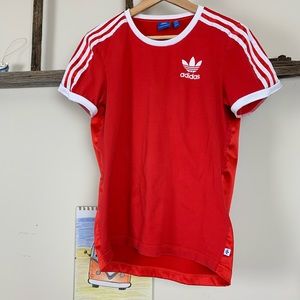 Red Adidas shirt w/ side stripes